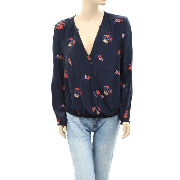 Ba&sh Carly Blouse Top Wrap Dark Blue Floral Printed Flowy Long Sleeve S 251853 - Picture 4 of 7